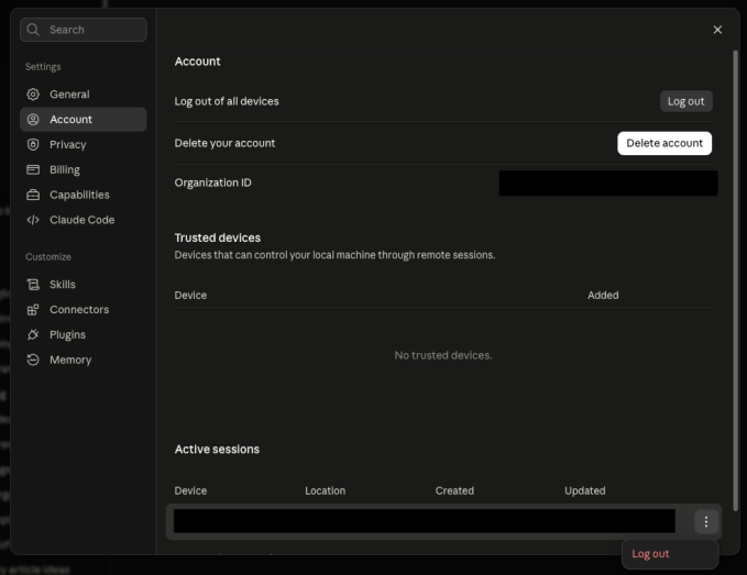 Claudeの設定画面に表示されるアクティブセッション一覧。端末名と所在地、最終利用時刻が並ぶ