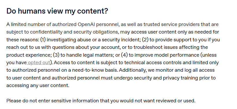 OpenAIのヘルプページで人的レビューの説明が記載されている箇所のスクリーンショット