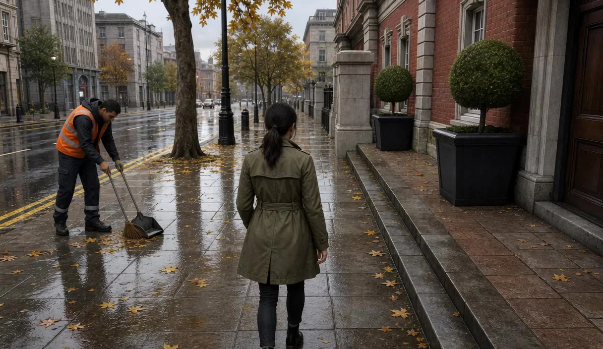 雨に濡れた歩道で清掃作業員と緑のコートの女性がすれ違う、GWM Worlds 2のサンプルセッション冒頭フレーム